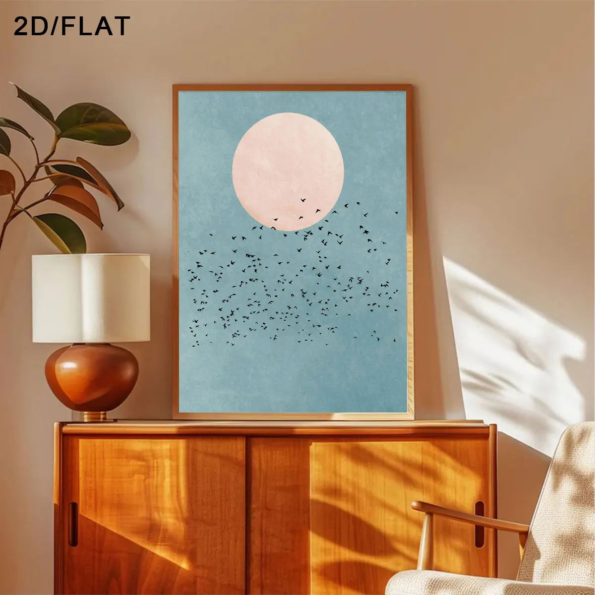 Vintage Japanese Pink Moon & Flying Birds Canvas Poster - Unframed Abstract Canvas Prints for Living Room and Bedroom Decoration