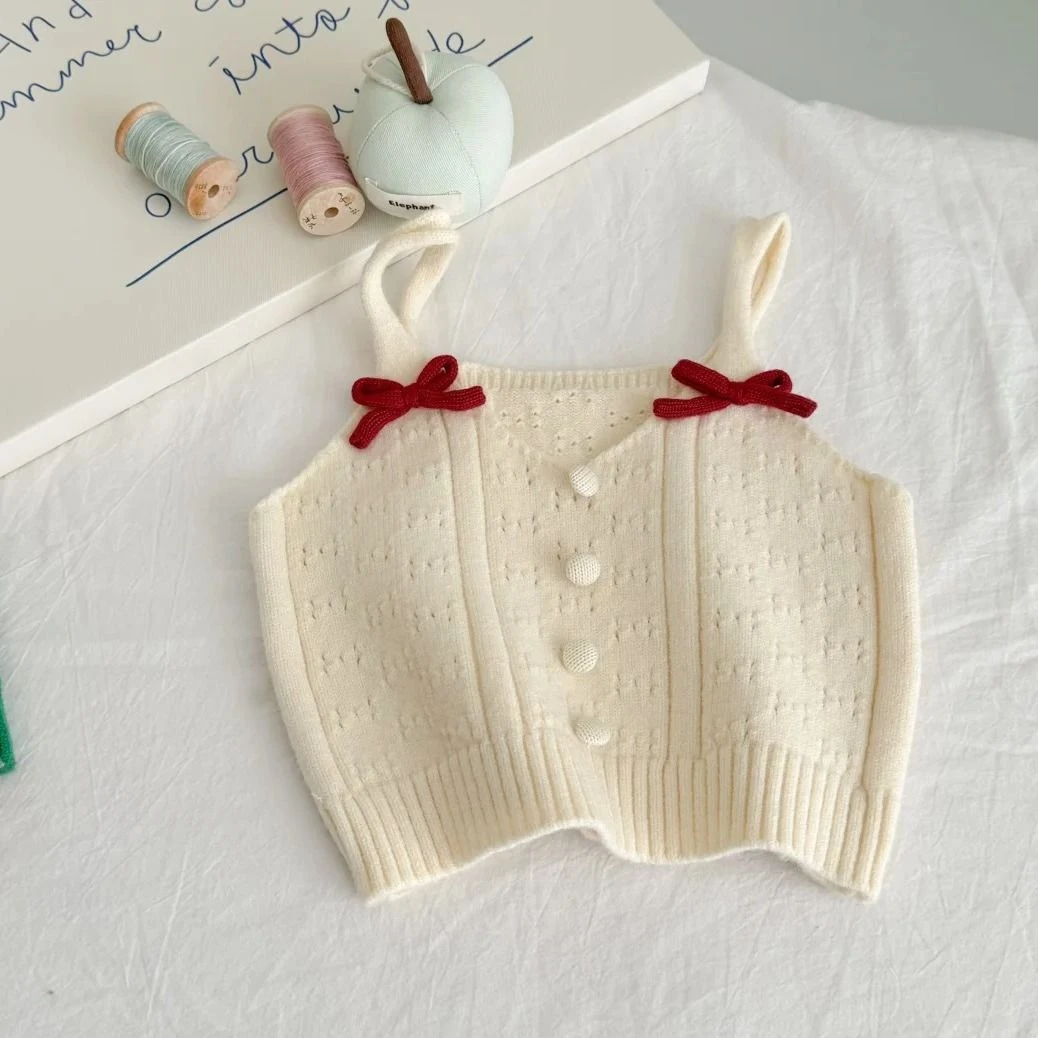 Baby Girls Cute Bow Knitted Vest 2025 New Arrival Children Casual Apricot Red Sleeveless Tops Thin Sling Sweaters Korean Style