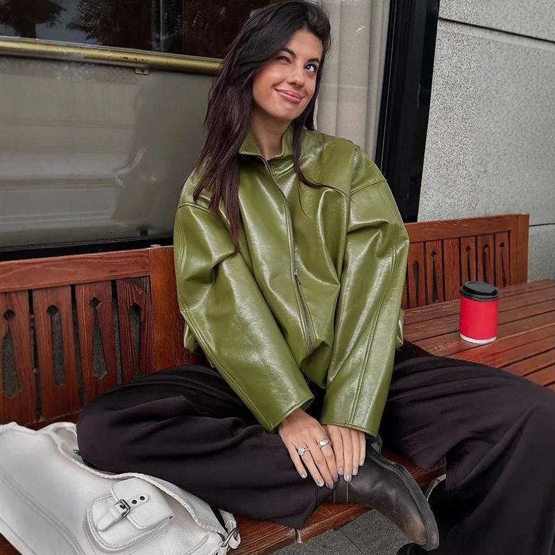 New Fashionable Zipper Slimming Women's Clothing Autumn and Winter Stand-up Collar Leather Jacket Women Coat and Half Dress Set.