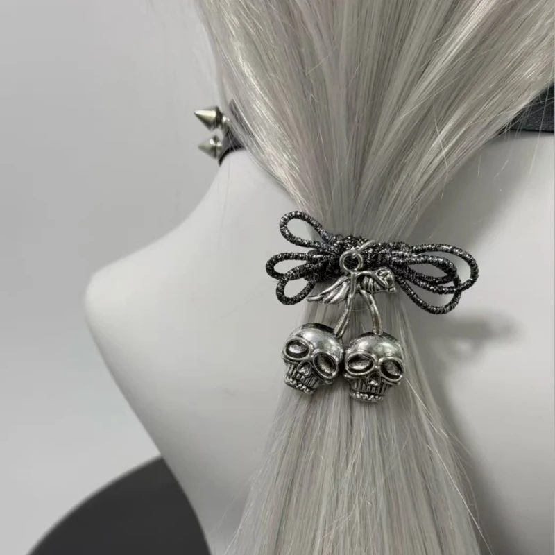 Personality Y2K Gothic Punk Cherry Skeleton Bow Hair Hoop Hair Rope Headwear Black Elastic Rubber Band Accessories Prop