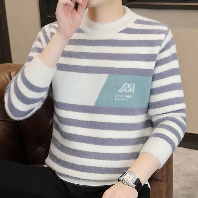 

Модный полосатый мужской вязаный свитер, повседневный, контрастного цвета, с высоким воротником, Thiened, осенне-зимний, для отдыха,...