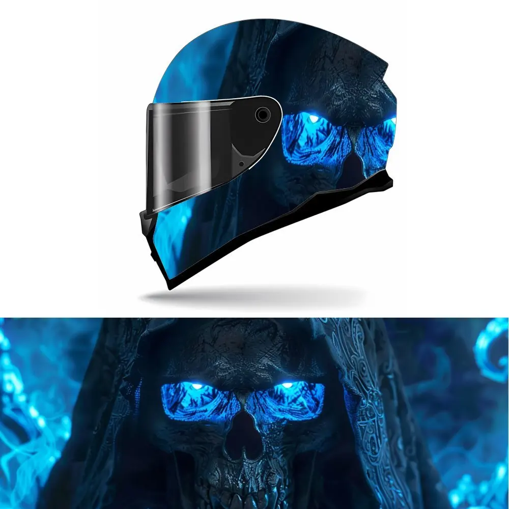 

Angry Blue Eyed Hooded Skull PVC Motorcycle Helmet Vinyl Wrap, Self-Adhesive Waterproof Sticker, Anti-Scratch Decorative Film f