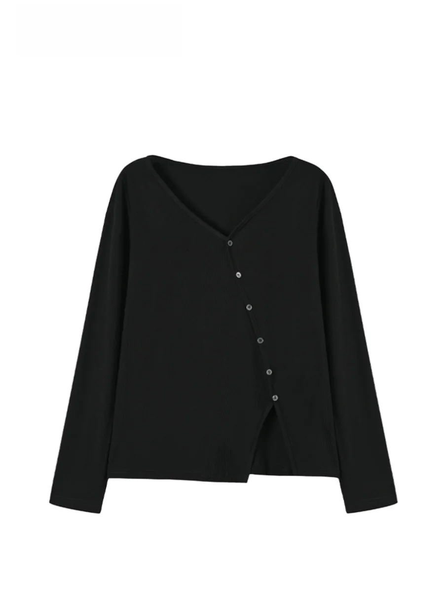 Chic plus Size Long Sleeve T-Shirt Women Summer Conceal Belly Slimming Fashionable Design Casual Loose Fit V-Neck Top