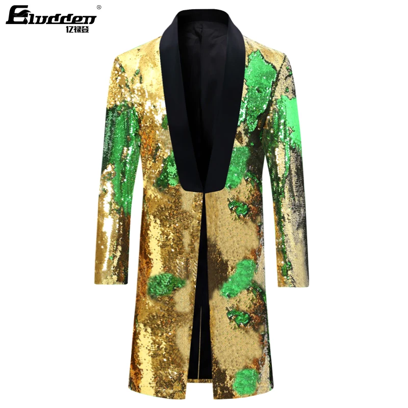 Male Fashion Shawl Lapel Double-sided Colorful Sequins Long Suit Jacket Blazer Men Stage Singer Costume Shiny trench coat jacket