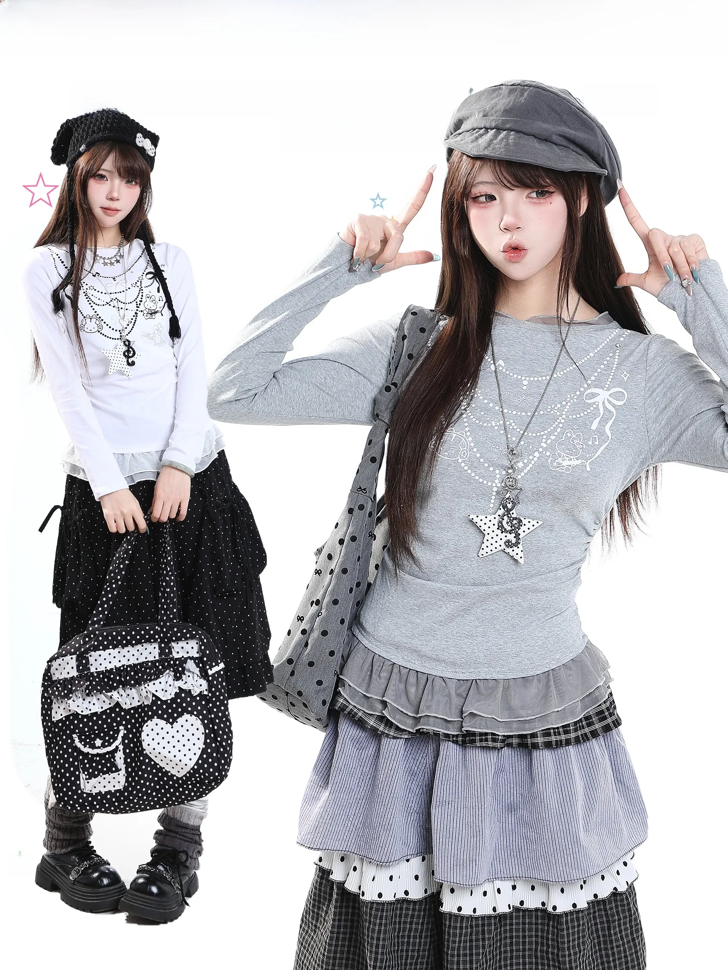 Retro American Hot Girl Long Sleeve T-Shirt Women's Slim Fit Design Sense Lace Trim Short Top Creative Pattern Casual Style