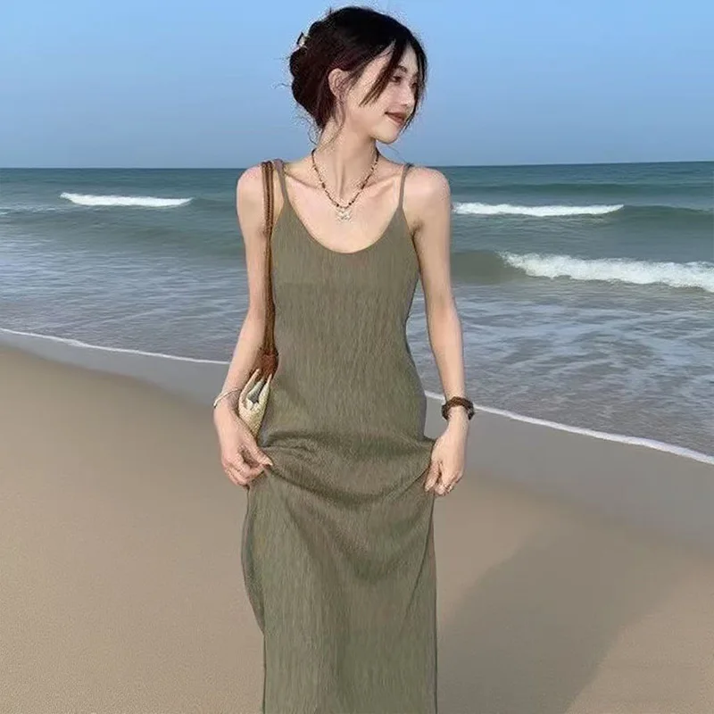 Summer Slimming Pleated Cami Dress French Lazy Style Sexy Fitted Long Luxe Dress for Women Versatile Hot Selling