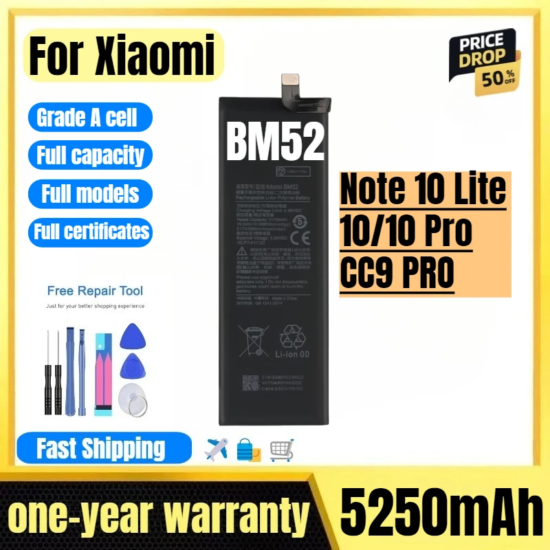 

BM52 for Xiaomi Note10Lite/10/10Pro/CC9PRO Phone Battery High Quality High Capacity Replacement Bateria Grade A Cell with Tools