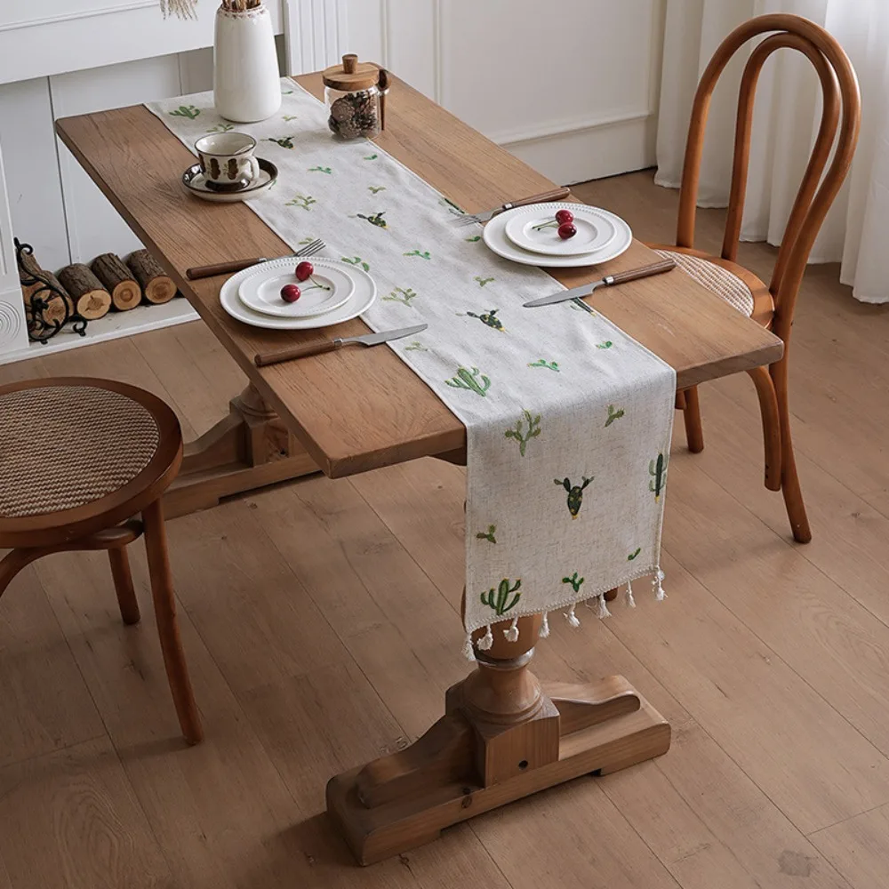 Rustic Style Linen Embroidery Table Runner with Tassel Flower/Cactus Pattern Table Cloth Long Strip Decorative TV Cabinet Cover
