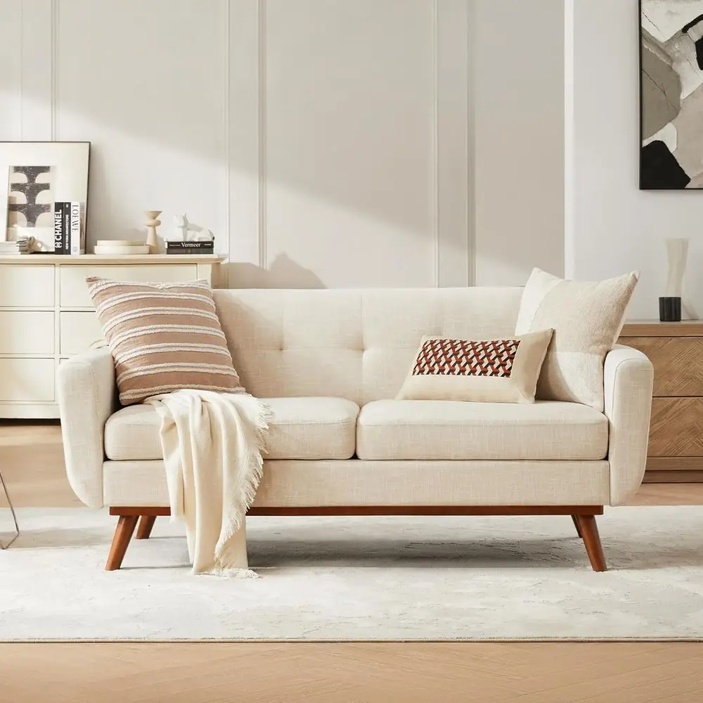 

Cream White Linen Loveseat with Button Tufted Upholstery, Solid Wood Base, Ideal for Modern Living Room or Bedroom