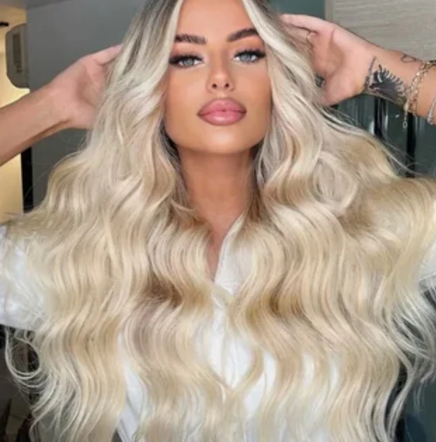 Women's Long Curly Hair Middle Part Gradient Color Front Lace Wig Long Curly Bangs and Long Hair Body Wave Blonde Wigs