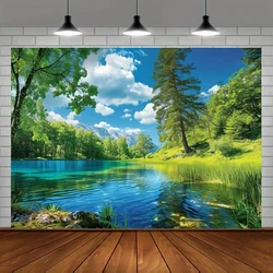 Park landscape background, river, clear water, green trees, forest garden, blue sky, outdoor picnic, spring background, camping