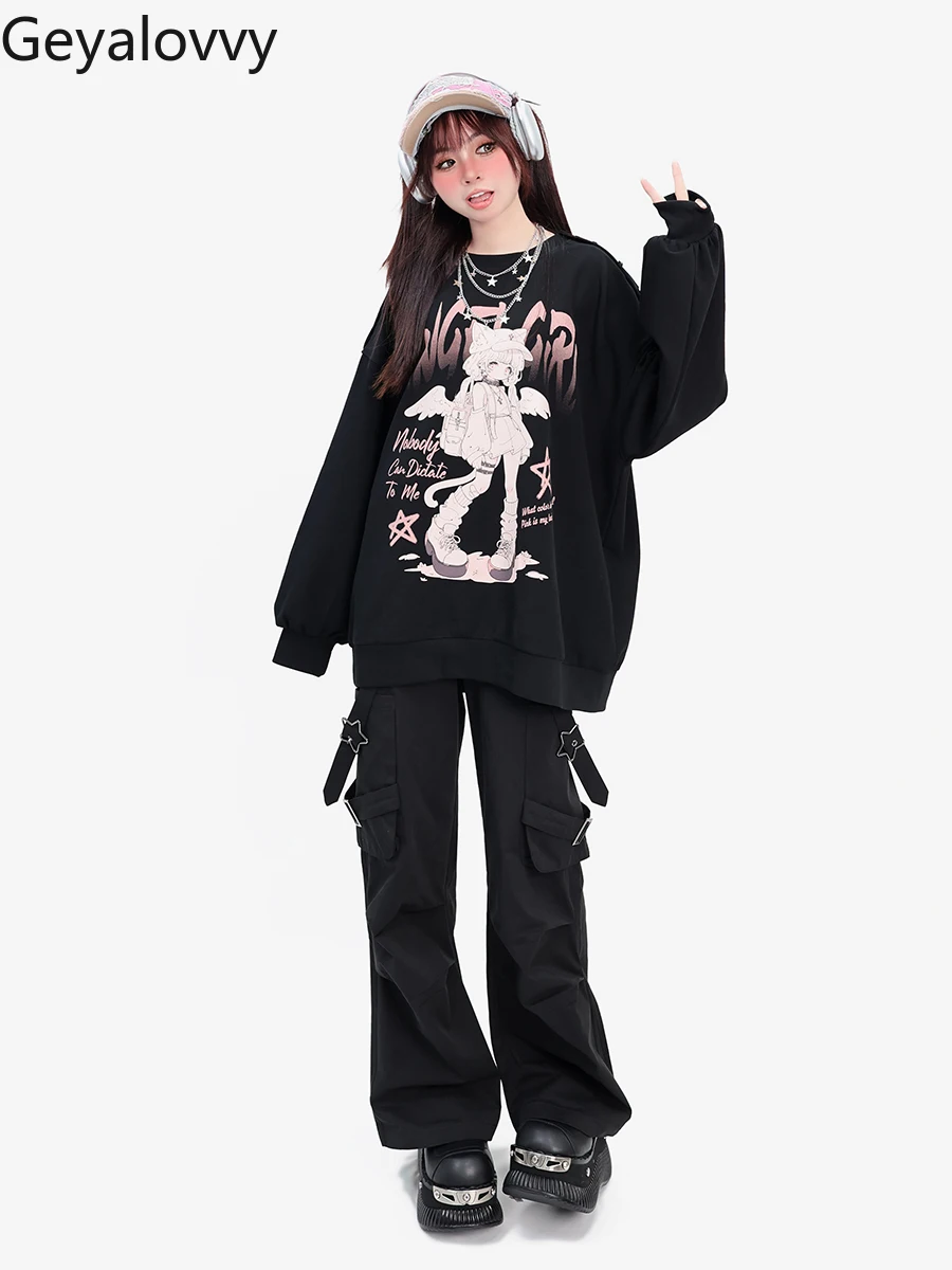 Spring and Autumn New Loose Cool Y2K Mid-length Sweatshirt Sweet Girls Versatile Hoodies Off-Shoulder Street Punk Pullover