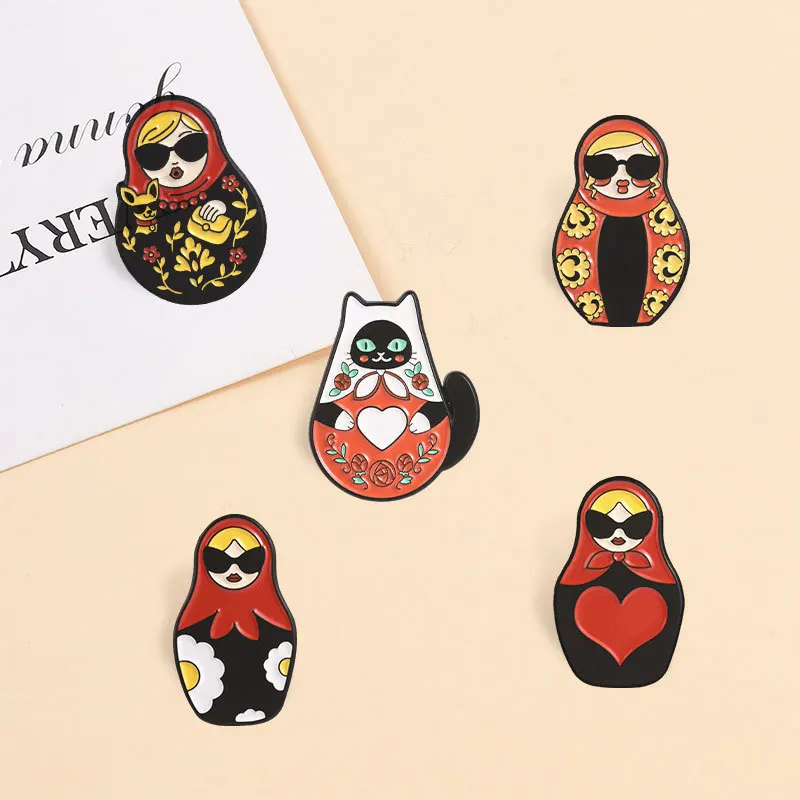 Russian Cartoon Sunglasses Matryoshka Cat Brooch Vintage Metal Badge Pin DIY Clothing Bags Hat T-shirt Accessories Unisex Gift