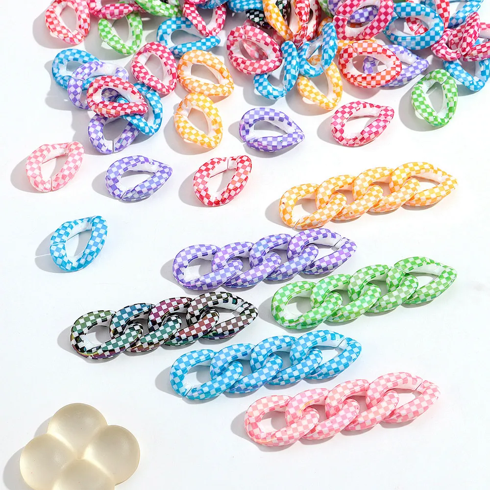20pcs Colorful Checker Pattern 20x30mm Acrylic Cuban Link Chain Loose Beads for DIY Bracelet Necklace Making Jewelry Accessories
