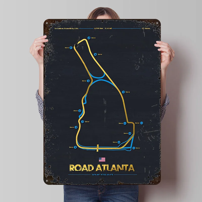 Road Atlanta Race Track Map Printed Posters Customizable Wall Art Retro Vintage Metal Tin Signs for Home Room Garage Decoration