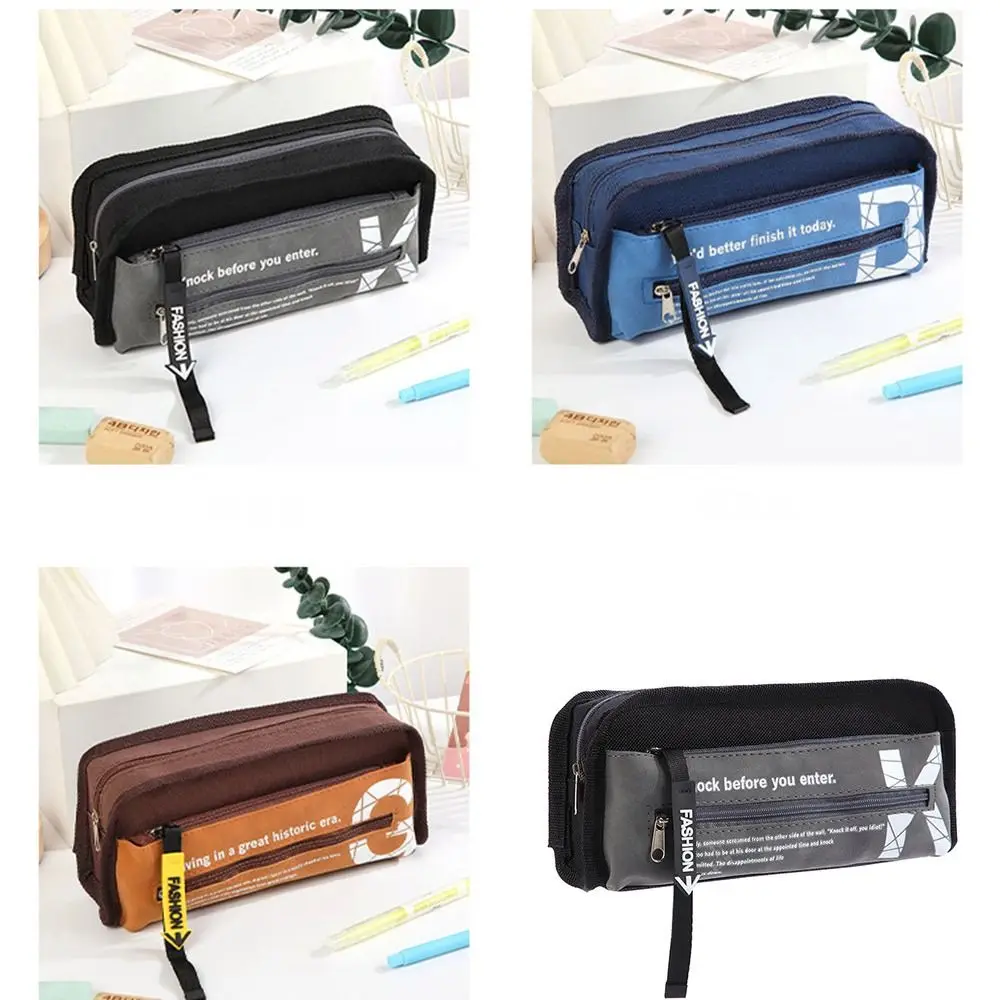 Bolsa de papelaria para meninos com zíper duplo, bolsa de armazenamento de grande capacidade, multicamadas, lona, armazenamento de mesa, desenho animado, bolsa de lápis