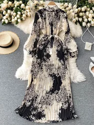 New Spring Retro Print Pleated Long Maxi  Dress Femininity Small Stand-up Collar Puff Sleeve Slim Holiday Dress C293