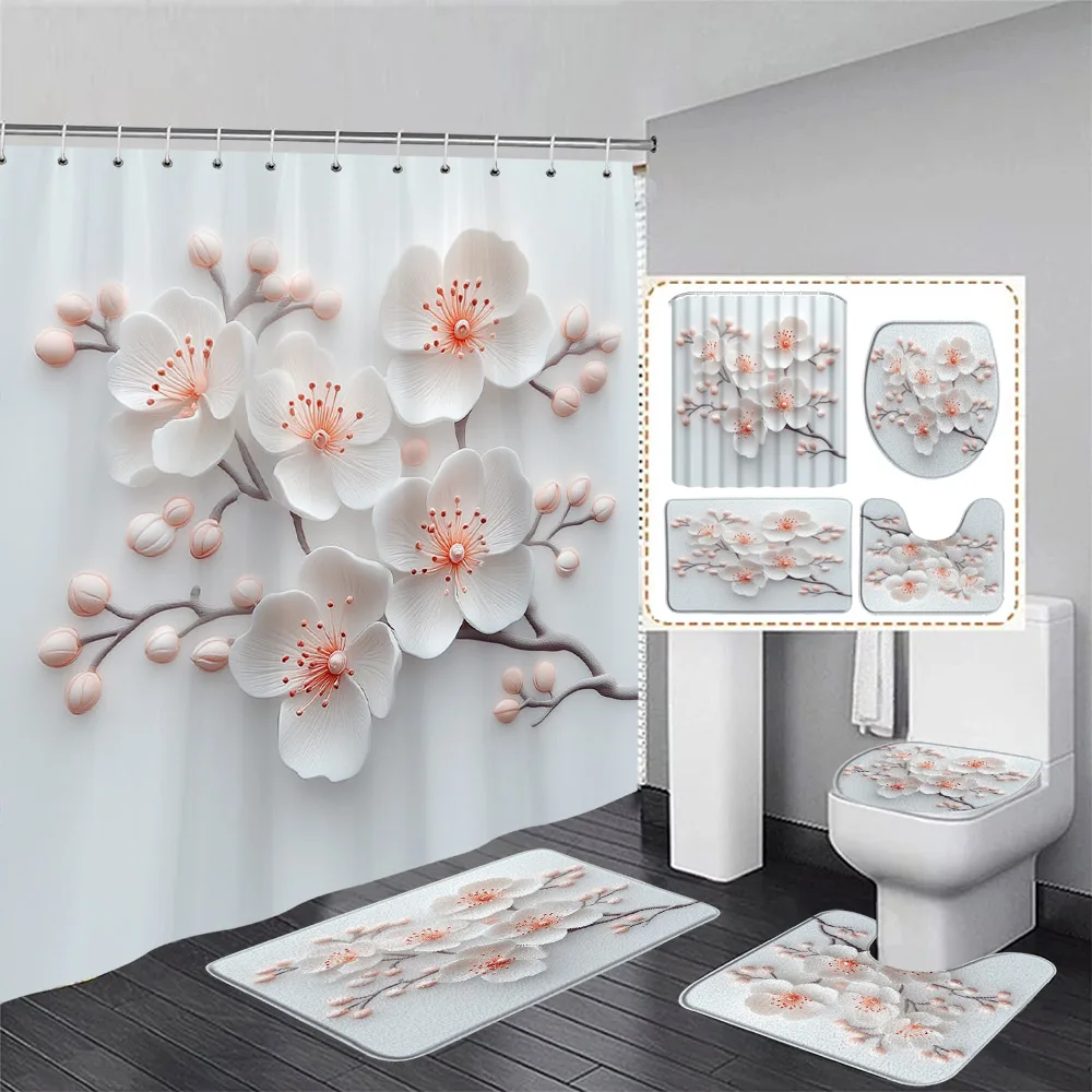 Pink White Floral Shower Curtain Set Luxury Art Flowers Modern Bathroom Decorative Bath Curtains Bath Mat Toilet Lid Cover