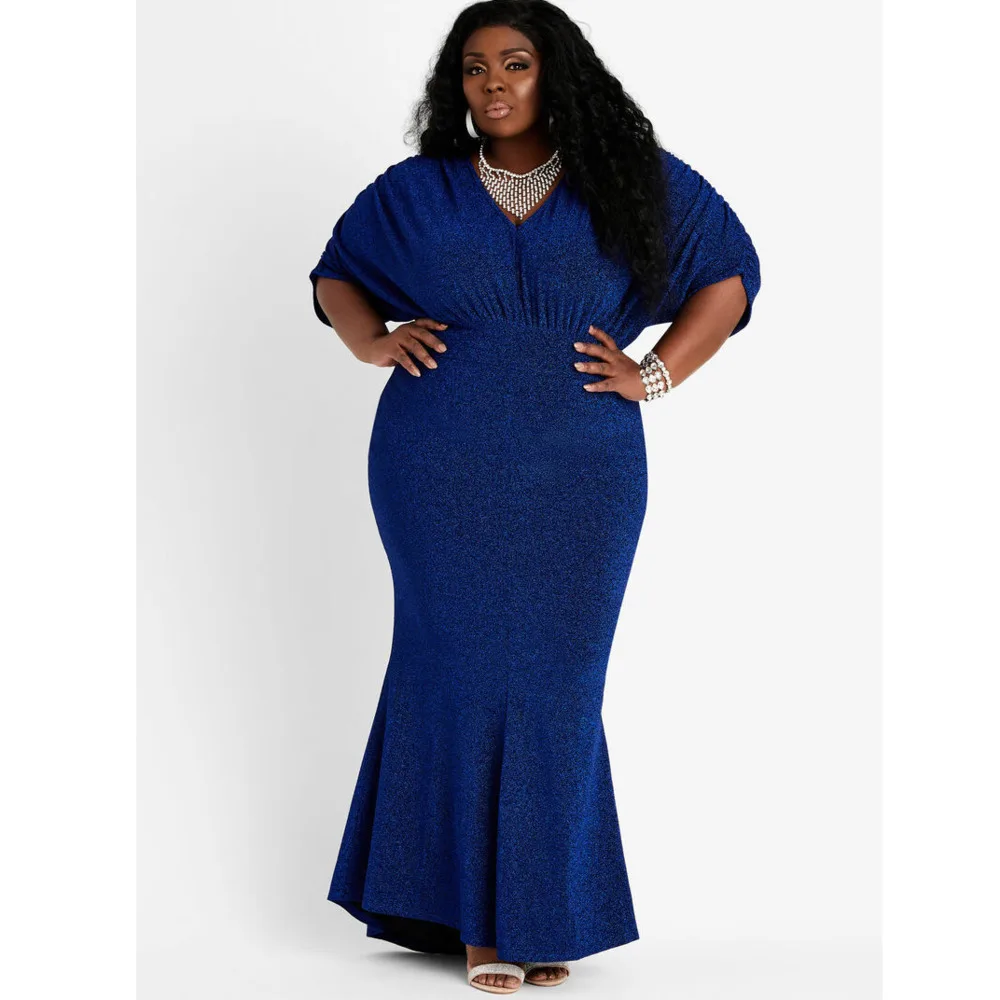 Plus Size Dresses New Large Women\'s Ceremony Party V-neck Fashion Large Dress Elegant Slim Solid Color African Formal Dress