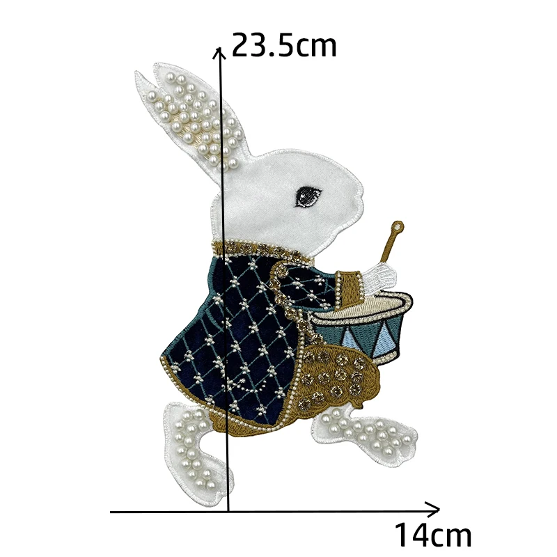 Beaded Wind a Trumpet Rabbit Patches Rhinestones Animal Patches Embroidery Applique Sew on Clothes Decorative Badge