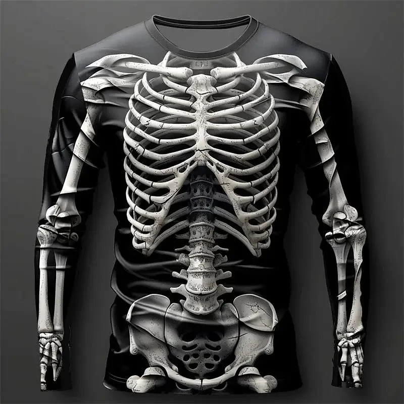 

2026 Men's New 3D Skull Print Long Sleeved T-shirt with Horror Skull Graphic Long Sleeved Clothes, Retro Cool Men's Top