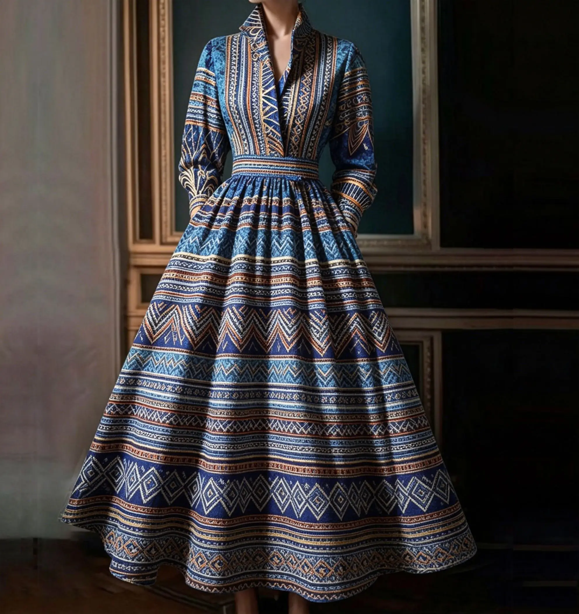 

Elegant Aztec tribal geometric Printed Dress Classic Chic Vintage Sleeveless A-Line Midi Dress for Formal Casual Occasions Dress