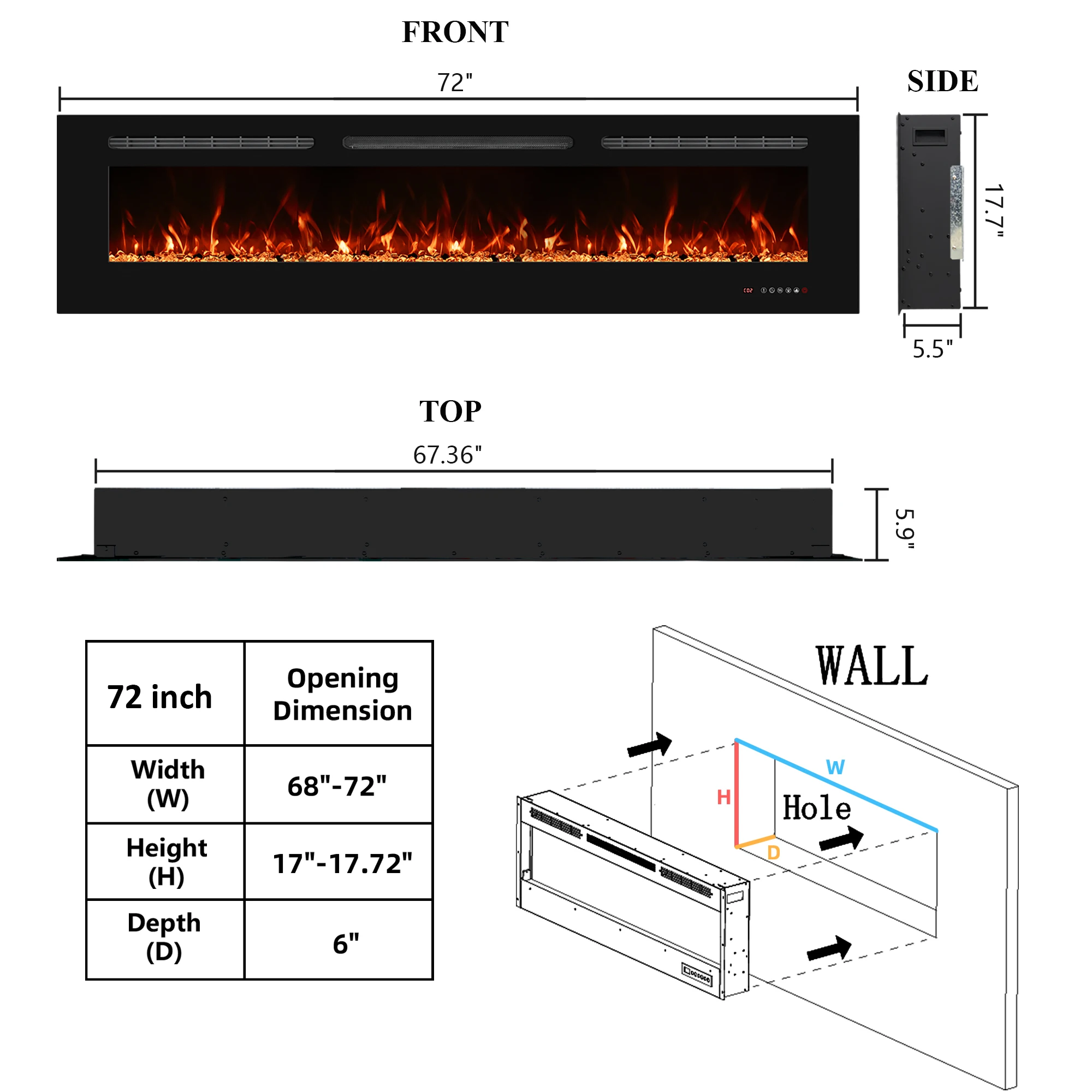 Modern Linear Electric Fireplace Custom Size 72 Inch Recessed Wall Mount Decorative Multi Color Flame LED Heater with Remote