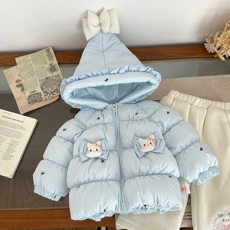 

Children's Hello Kitty Kawaii Down Jacket 2025 Winter New Cartoon Anime Thick Warm Bow Cotton Jacket for Girls Sweet Hoodie coat