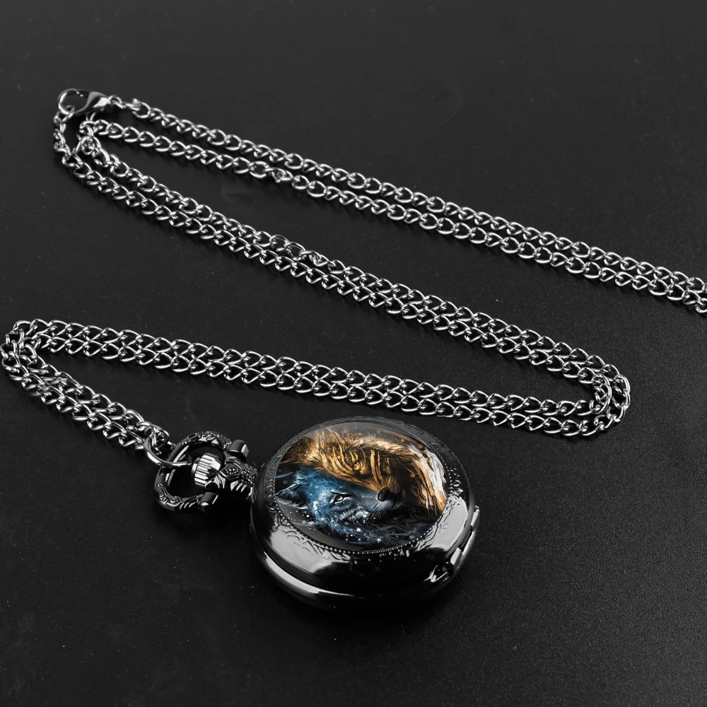 Exquisite Two-faced Wolf Glass Dome Quartz Pocket Watch Arabic numeral Necklace Pendant Gifts For Women Man with Chain