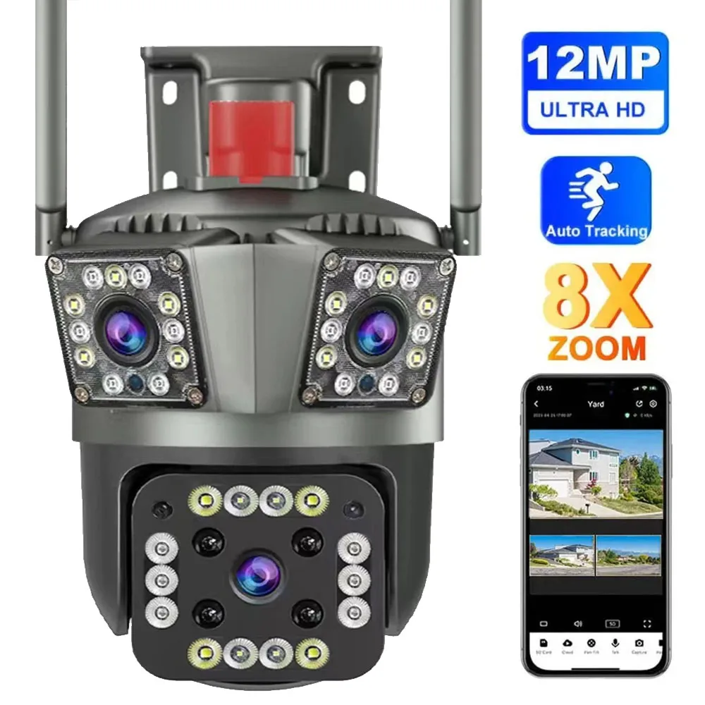 

6K 12MP PTZ WiFi Camera Outdoor Three Lens Security Protection AI Tracking Wireless 8X Zoom IP CCTV Video Surveillance Cameras