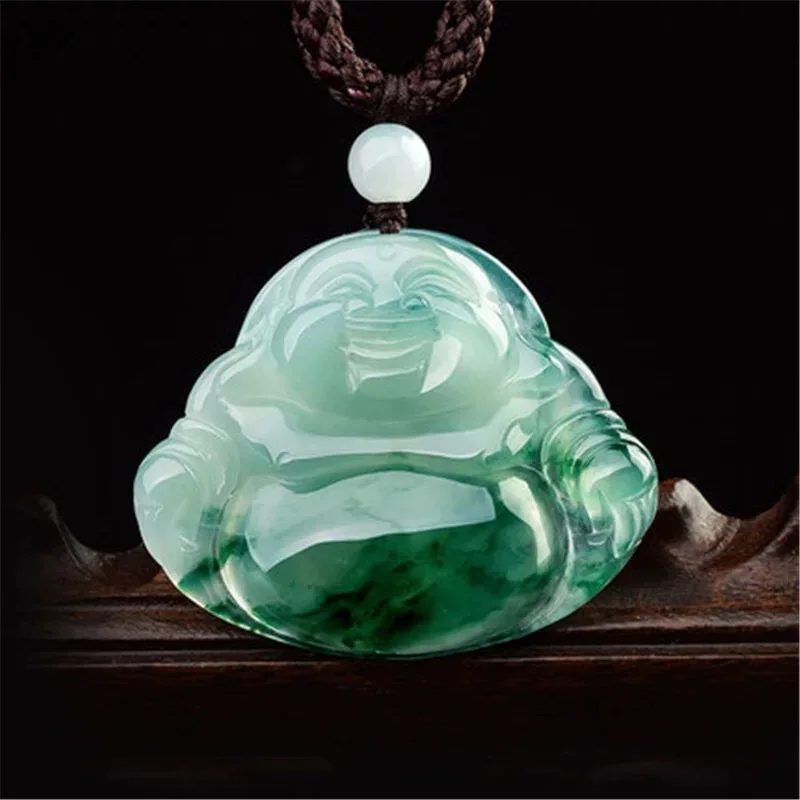 Myanmar Jadeite   Light Green with Flower Pattern  Laughing Pendant  Jade Necklace  Maitreya Buddha Pe