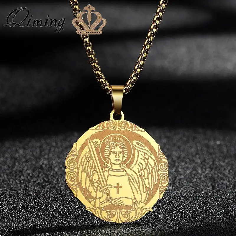 QIMING Saint Michael Medallion Necklace For Women Men Corss Sword Archangel Wings Stainless Steel Jewelry Necklaces Pendants