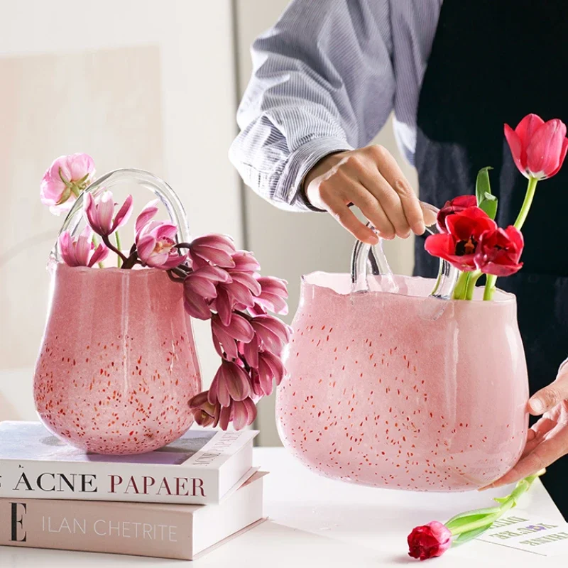 Pink Strawberry Dot Handheld Glass Vase Creative Aquatic Transparent Bag Fresh Vase in Living Room