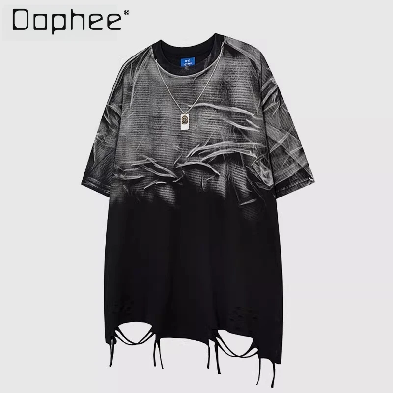 

2026 Summer Men's American Streetwear T-Shirt Black Gray Tie-Dye Print Loose Casual Round Neck Half Sleeve Short Sleeve Top