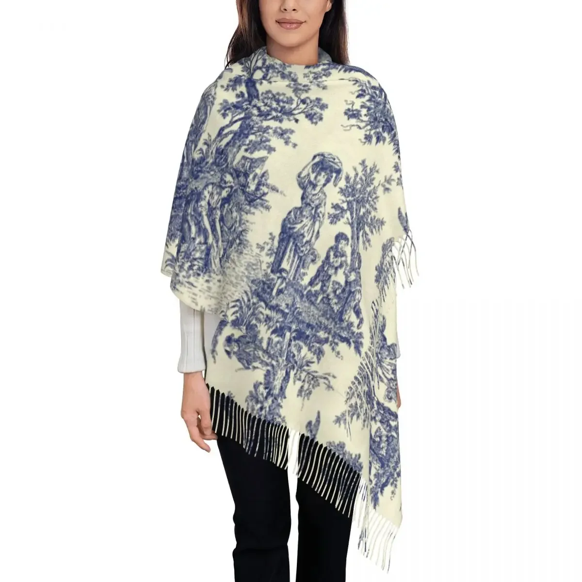 Toile De Jouy Blue Tassel Scarf Women Soft French Navy Blue Motif Shawl Wrap Lady Winter Fall Scarves