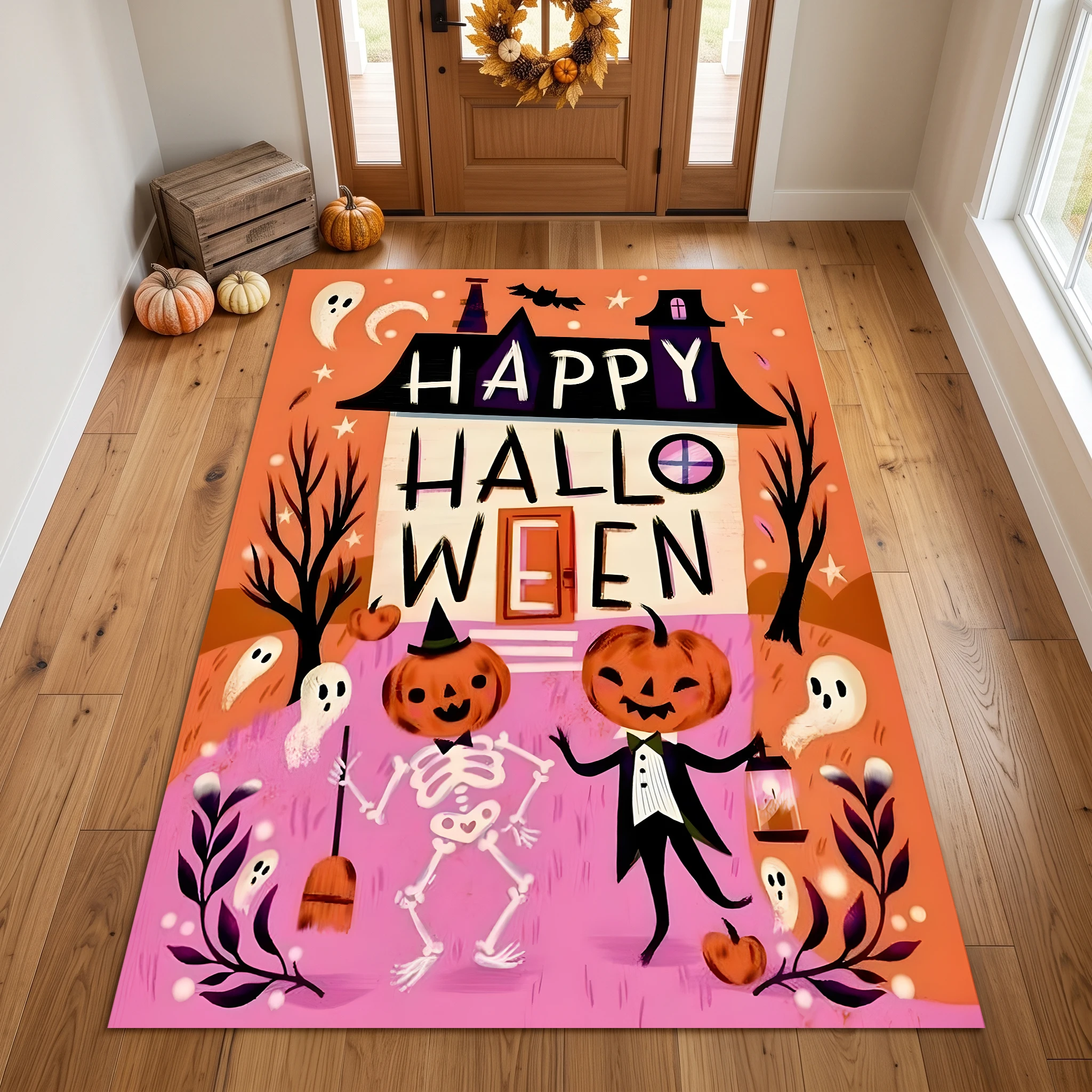 Cartoon Pumpkin Bat Ghost Cute Halloween Velvet Area Rug, for Entryway Bedroom Living Room, Autumn Winter