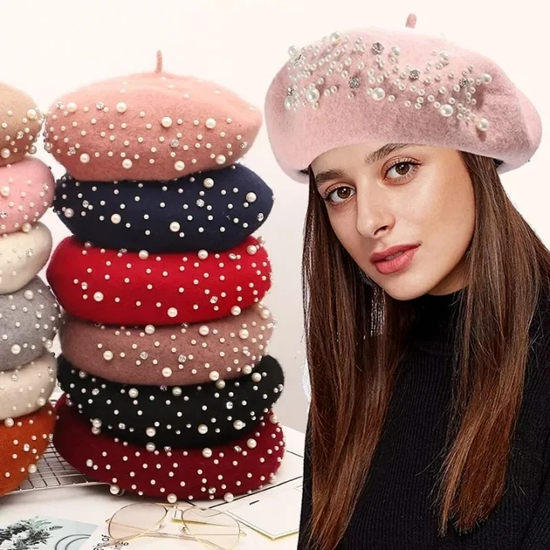 Elegant Wool Pearls Rhinestone Berets for Women Warm Winter Hats Skullies Beanies Vintage Cashmere Female Flat Hats Solid Caps