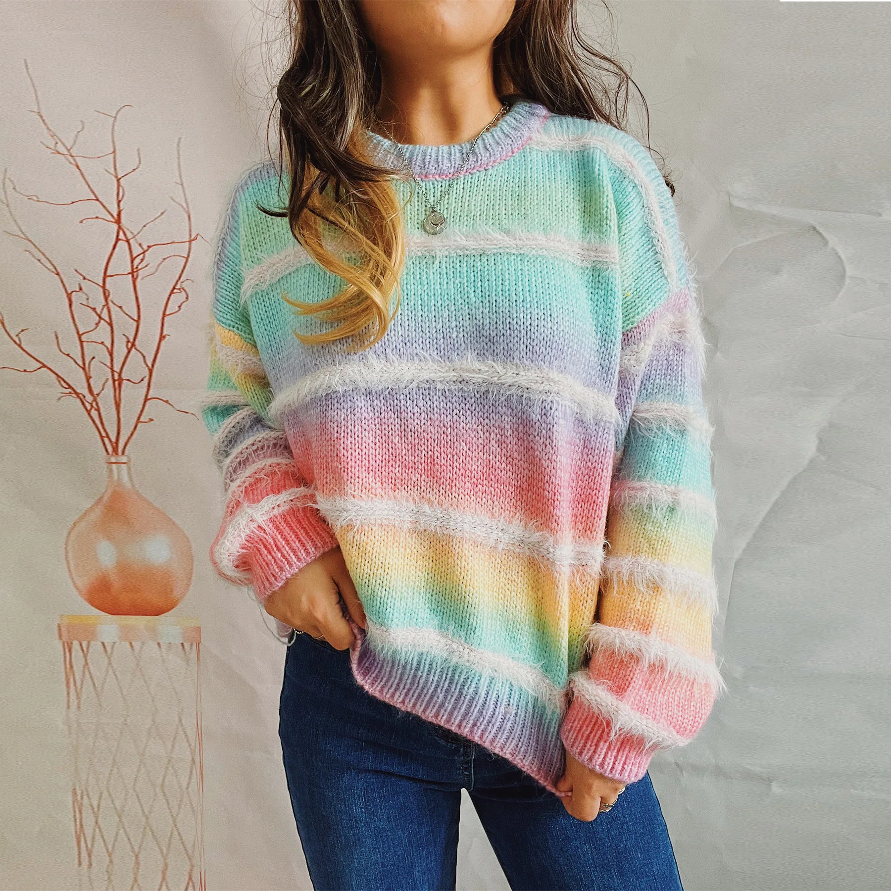 Women Knitted Pullovers Sweater Spliced Jumper Tie Dye Round Neck Long Sleeve Loose Slight Strech Casual Office Lady 2025 Autumn