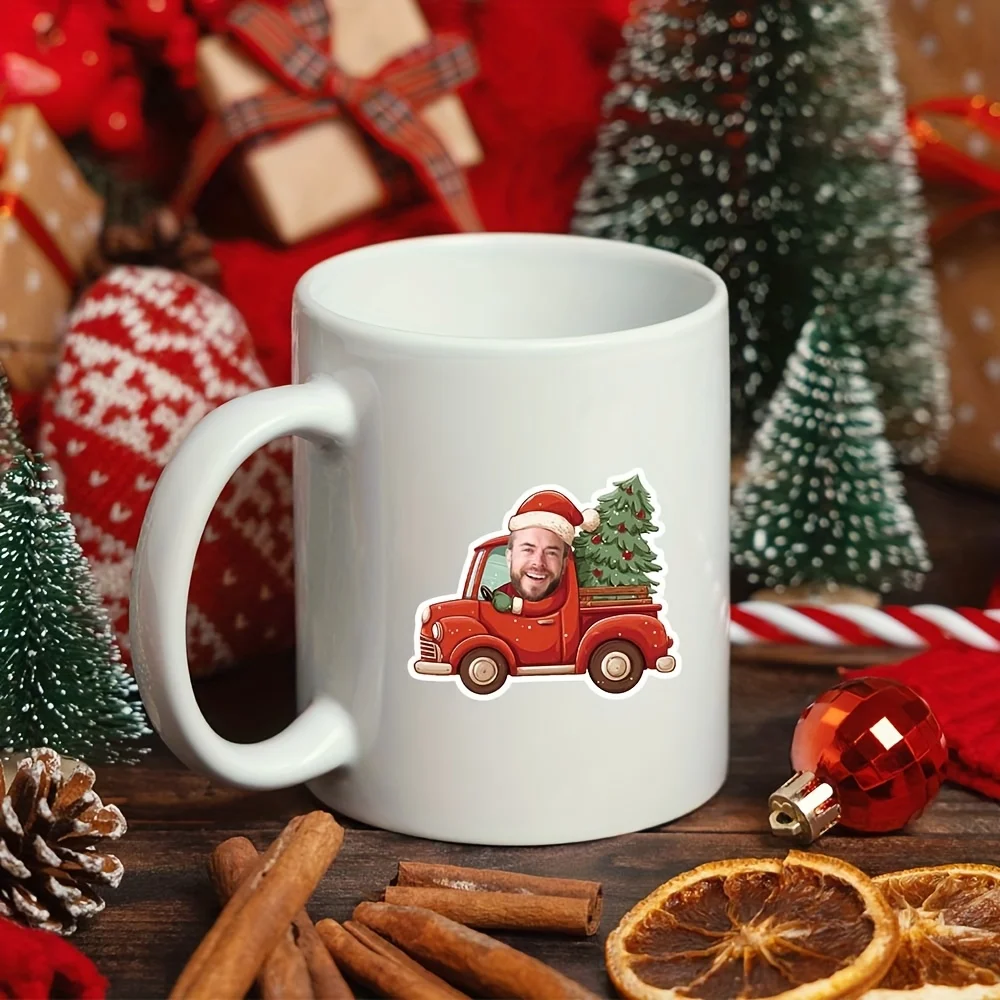 Personalized Photo Christmas Stickers Custom Face Red Pickup Truck Tree Labels for Cards Gifts Envelope Seals Xmas Decor