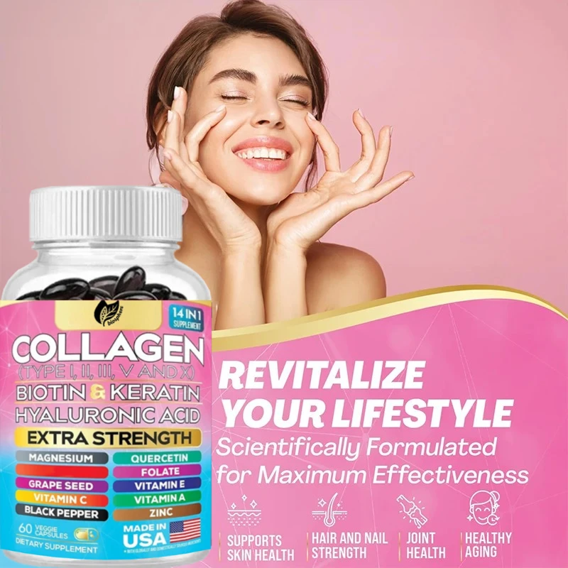 Collageenpeptide Supplement met Microgram Biotine Hyaluronzuur Zink Druivenpitten Quercetin Vitamine een Magnesium Folizuur