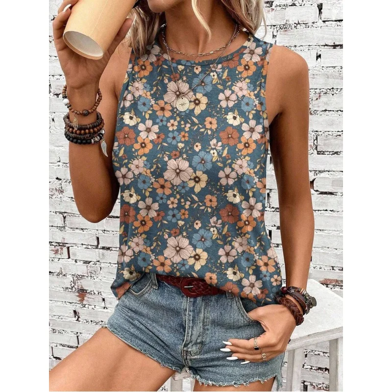 

Casual Retro Floral Pattern Round Neck Women Top, Suitable Autumn And Summer Suitable