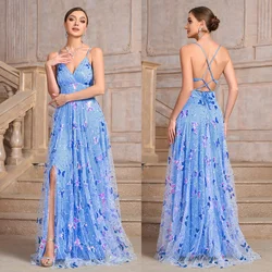 Charming Butterfly Sequin Mermaid Long Evening Dresses Backless Vestidos De Fiesta High Split Formal Prom Cocktail Party Gowns