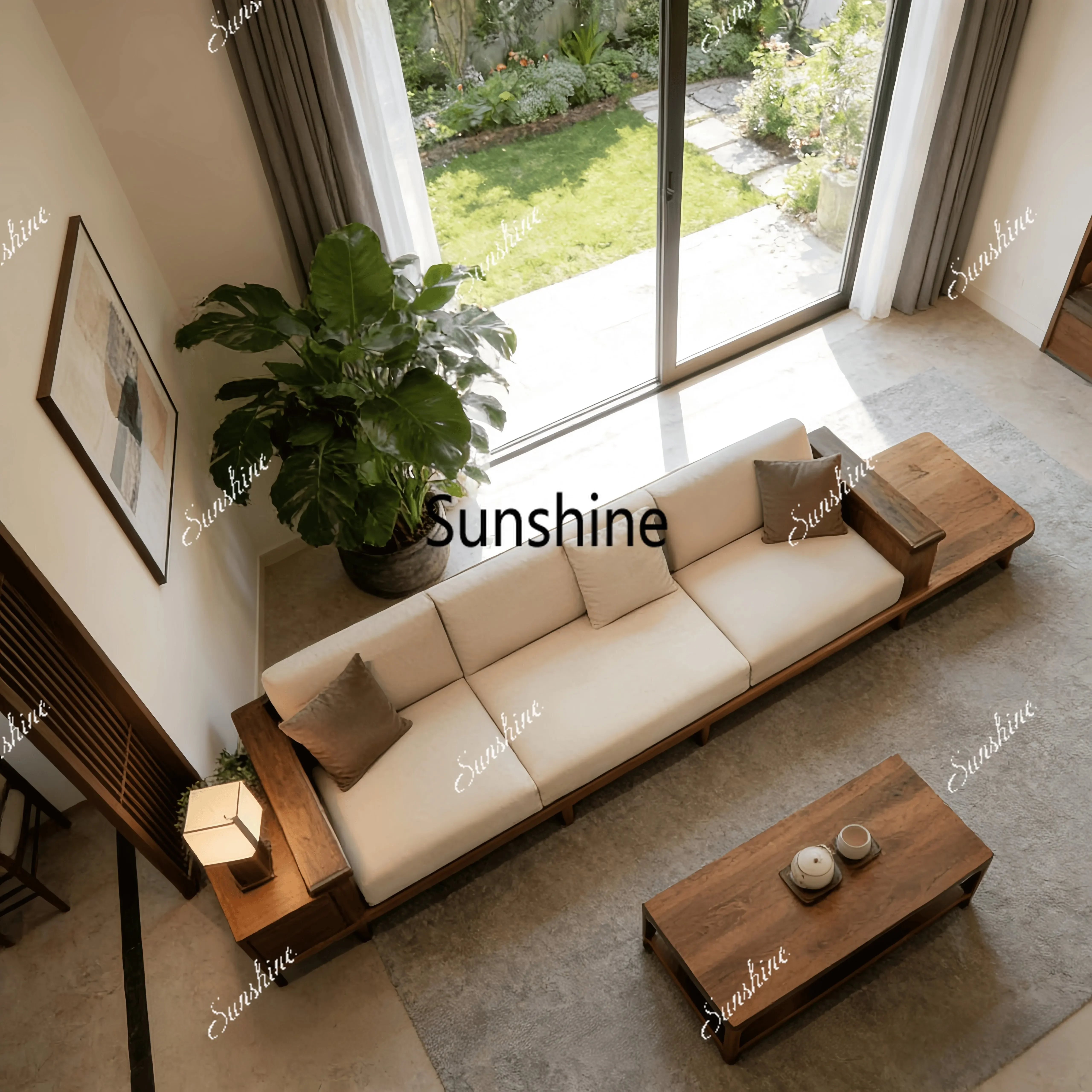New Chinese style, solid wood living room sofa, high-end, simple three-person straight rowY