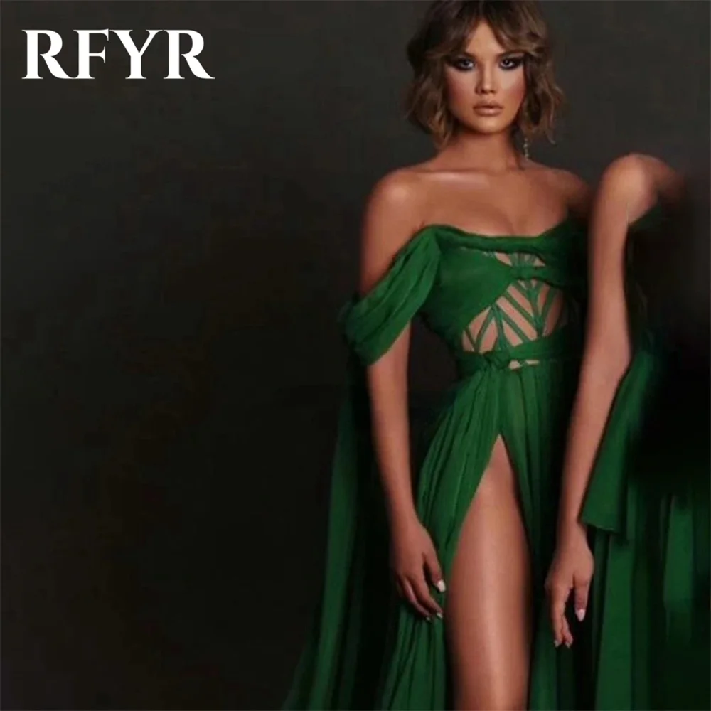 RFYR Sexy Emerald Prom Dress Off Shoulder Sweetheaart Satin Evening Dress Party Dress with Slit Pleats Robe De Soirée Customized