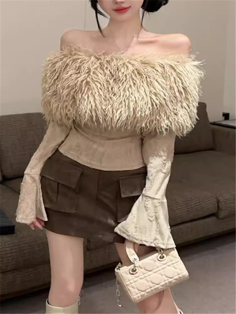 Black Khaki Fur Patchwork Slash Neck Slim T Shirt 2025 New Fall Chic Flare Sleeve Top Off Shoulder Long Sleeve Bottoming Shirt
