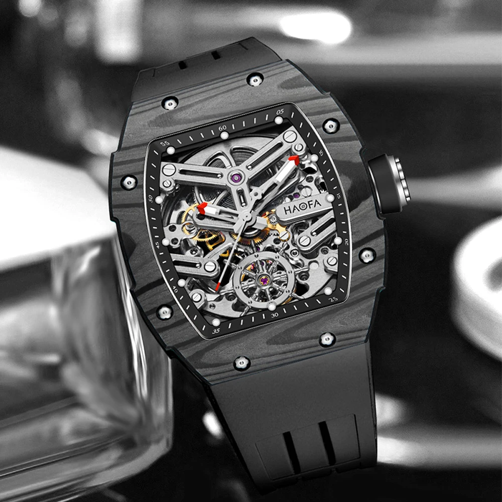 Haofa Carbon Fiber Automatic Mens Watch 3D Skeleton Dial Sapphire Luminous Self Wind Mechanical Watches Waterproof Luxury 1982