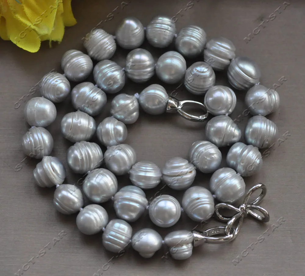 

MTC·STAR Z13081 21'' 13mm Gray Almost Round Screw Freshwater Pearl Necklace Bowknot Clasp