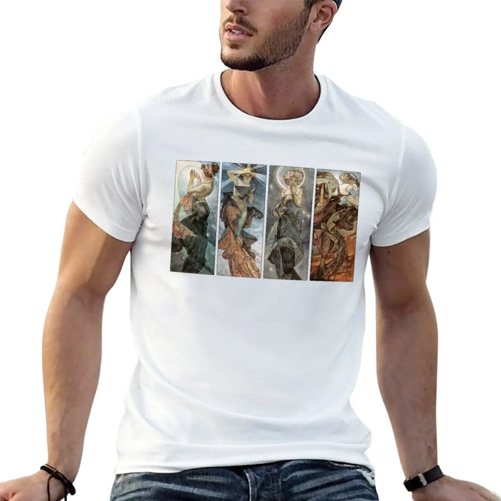 The Moon and the Stars Alphonse Mucha T-Shirt Durable Work Wear T-Shirt