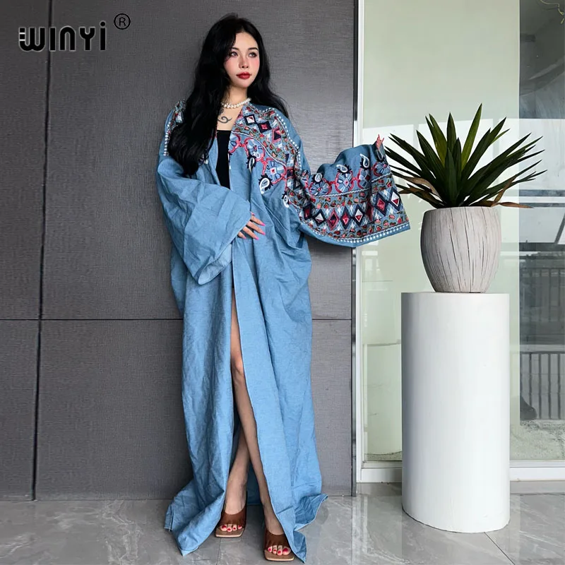 WINYI Embroidered soft denim cardigan Women coat Loose Long Dress elegant Party Boho maxi beach Holiday Swimming Cover Up Kimono