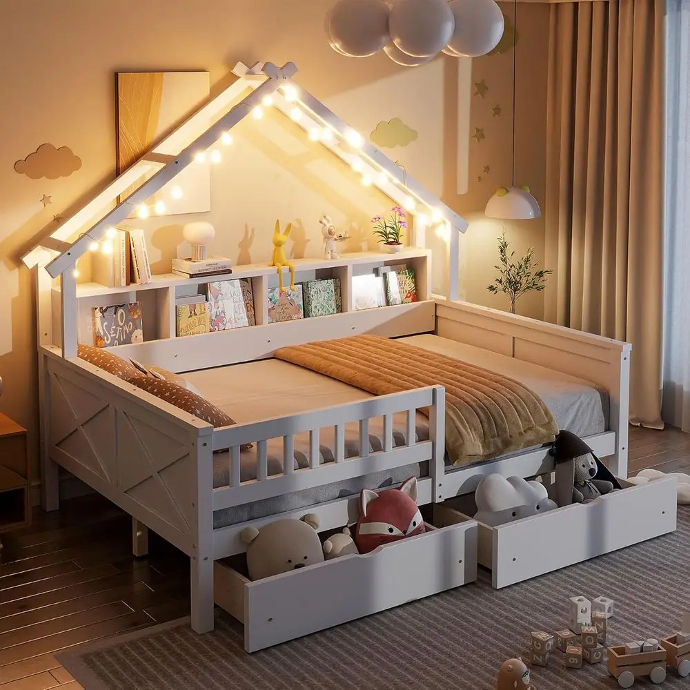

Full Size Storage Bed with Desk, LED Light Wood Daybed, Bookshelves, Platform Bed with Rails for Kids, White